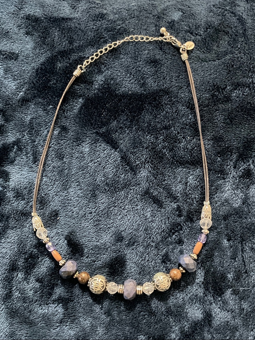 Lia Sophia Brown & Blue/Purple Beaded Necklace with Silver-Tone Filigree